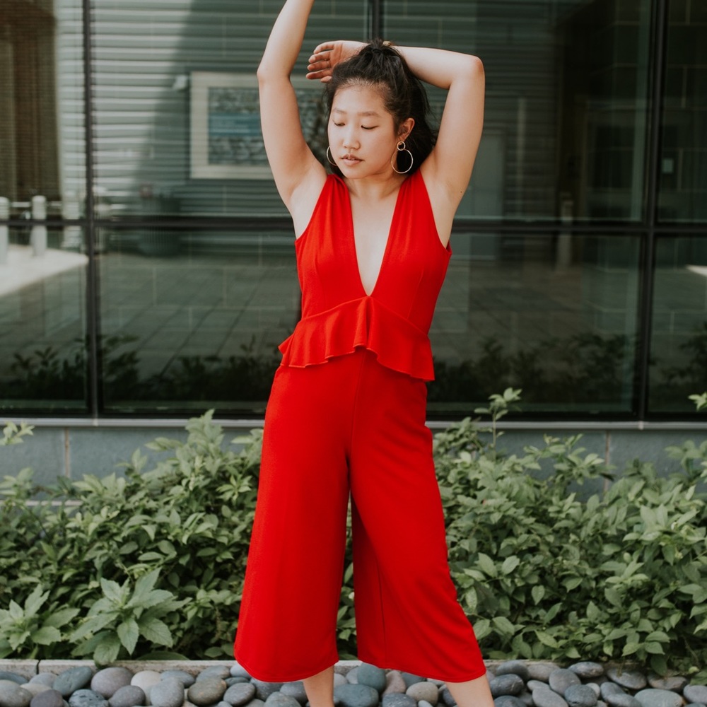 Red V Neck Jumpsuit
